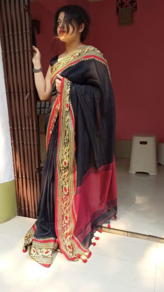 Black Maroon Mango Cotton Saree From Bangel