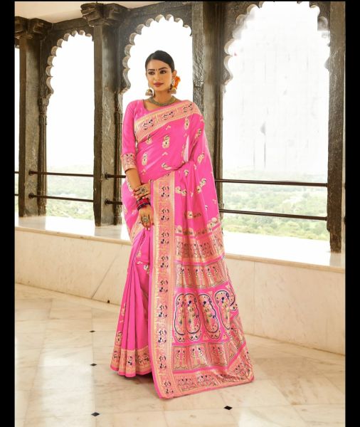 Baby Pink Baluchori Silk Saree From Bengal