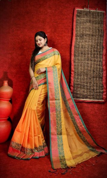Bright Yellow Pure Handloom Tissue Cotton Saree From Bengal