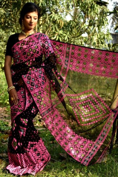 Black Pink Box Dhakai Jamdani Cotton Saree From Bengal
