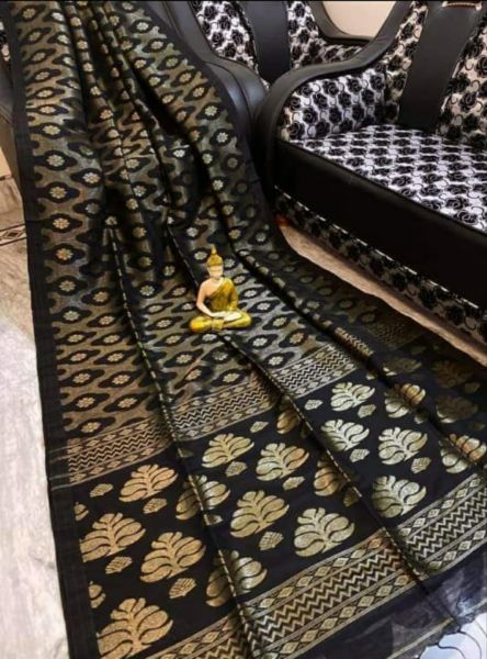 Black Flower Cotton Linen Jamdani Saree From Bengal
