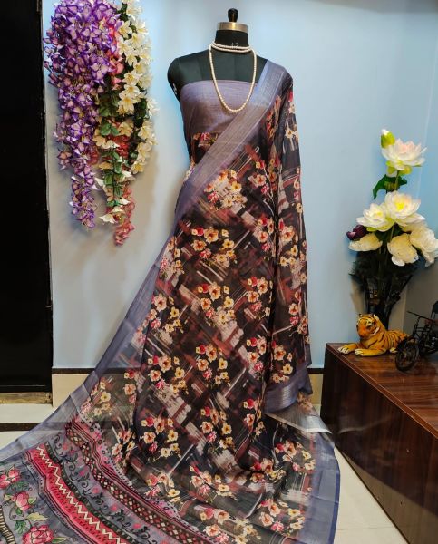 Black Grey Flower Digital Printed Linen Saree