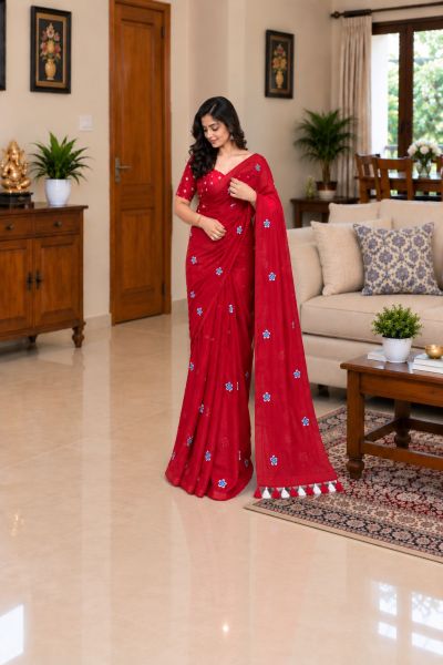 Red Pure Handloom Mulmul Cotton Saree From Bengal