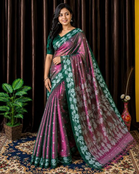 Magenta Pure Handloom Silk Tissue Saree From Bengal