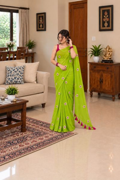 Parrot Green Pure Handloom Mulmul Cotton Saree From Bengal