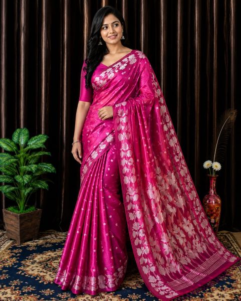 Bright Pink Pure Handloom Silk Tissue Saree From Bengal
