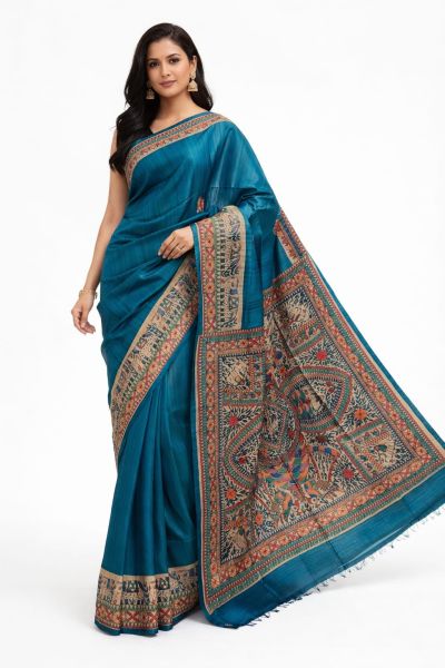 Sea Blue Authentic Madhubani Pure Handloom Women Tassar Silk Saree