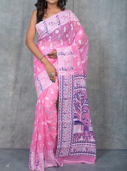 Baby Pink Santali Dhakai Jamdani Cotton Saree From Bengal