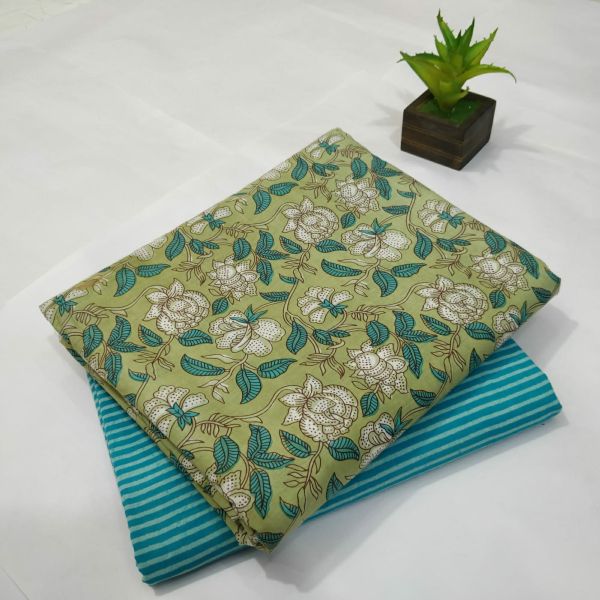 Sky Blue Mehndi Green Hand Block Printed Cotton Kurti And Pant