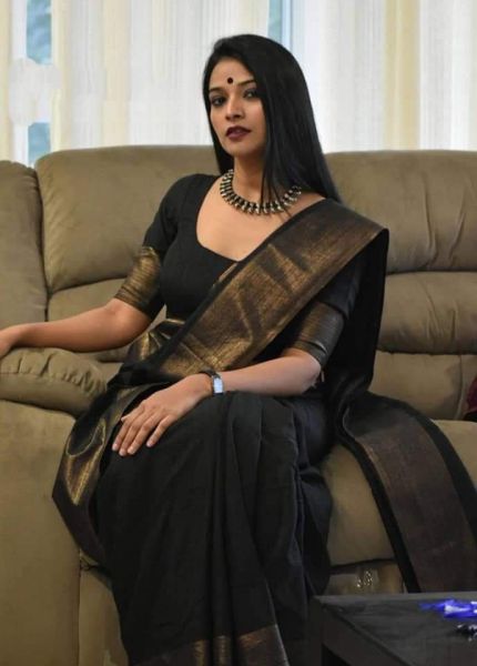 Black Plain Silk Saree From Bengal
