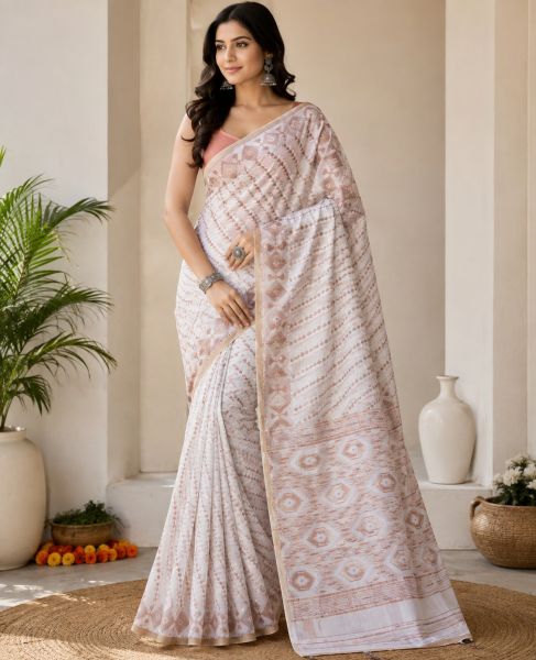 Off White Pure Handloom Dhakai Jamdani Saree From Bengal