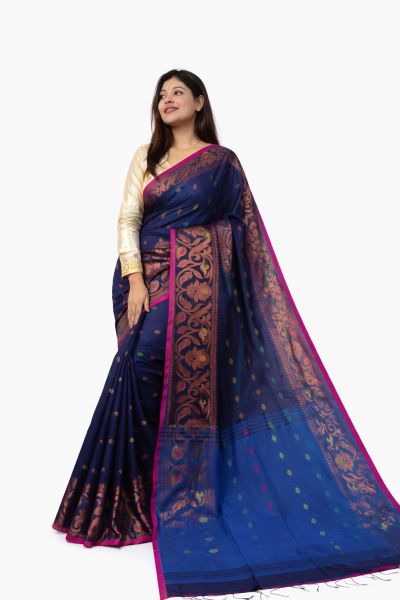 Blue Silk Cotton Pure Handloom Saree From Bengal