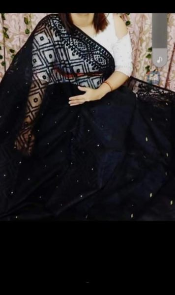 Black Pure Handloom Dhakai Jamdani Cotton Saree From Bengal