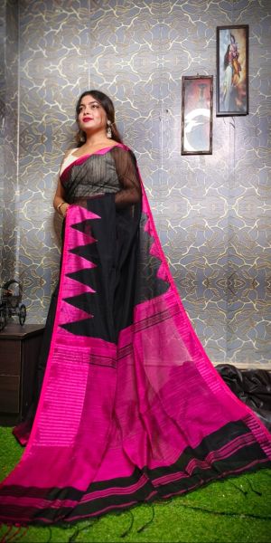 Black Pink Plain Body Pure Handloom Cotton Saree