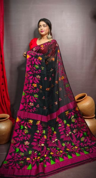 Black Pink Flower Design Pure Handloom Dhakai Jamdani Saree