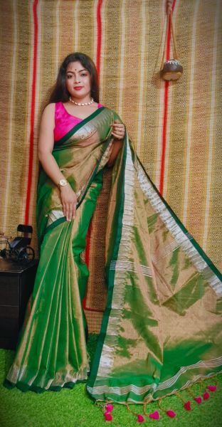 Army Green Pure Handloom Tissue Cotton Saree