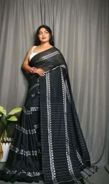 Black Pure Handloom Cotton Saree From Bengal