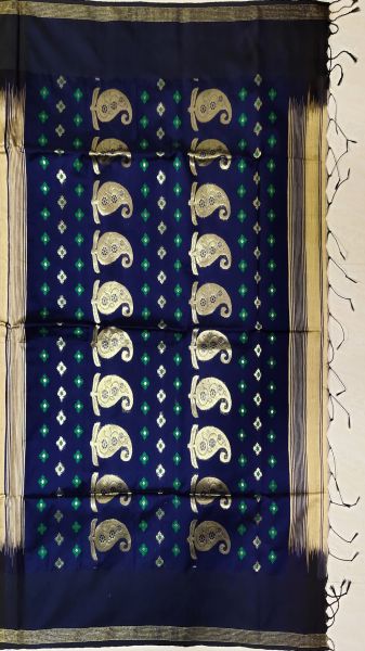 Navy Blue & Muga Paisley Butta Ikkat Handloom Baha Jamdani Saree
