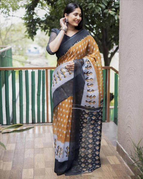 Biscuit Brown Black Ikkat Print Pure Linen Saree