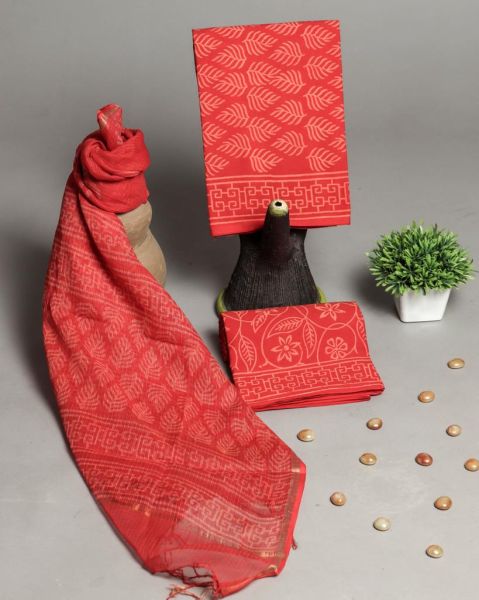 Red Hand Block Printed Cotton Suit And Pant And Kota Dupatta
