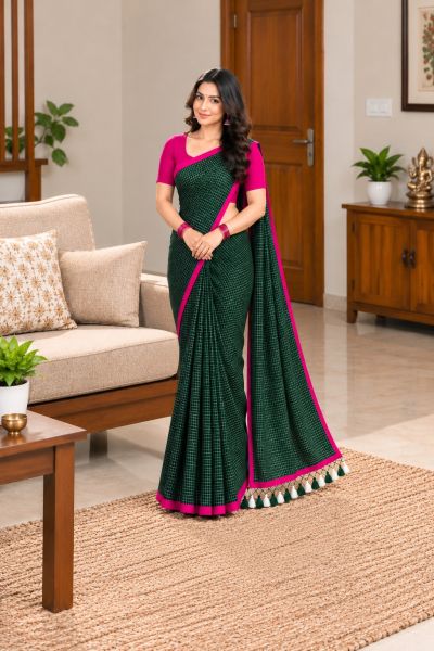 Dark Green Pure Handloom Mulmul Cotton Saree From Bengal