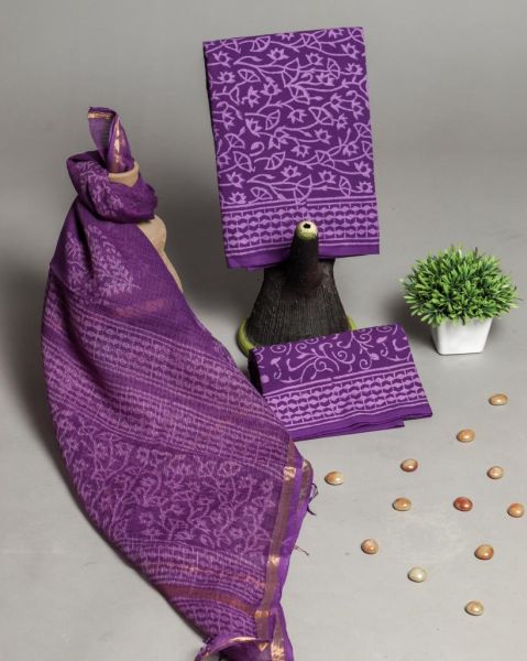 Purple Hand Block Printed Cotton Suit And Pant And Kota Dupatta