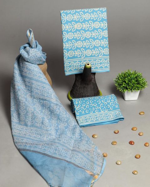 Sea Blue Hand Block Printed Cotton Suit And Pant And Kota Dupatta