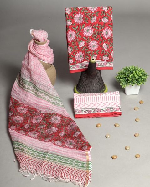 Pink Red White Hand Block Printed Cotton Suit And Pant And Kota Dupatta
