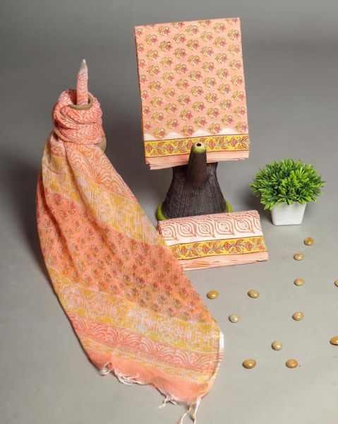 Peach Hand Block Printed Cotton Suit And Pant And Kota Dupatta