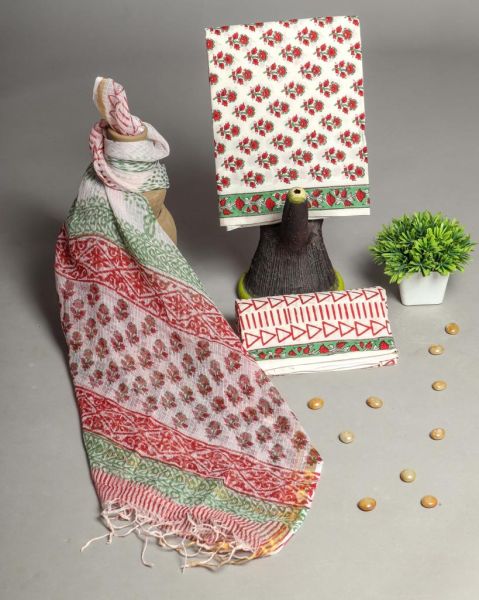 White Red Hand Block Printed Cotton Suit And Pant And Kota Dupatta