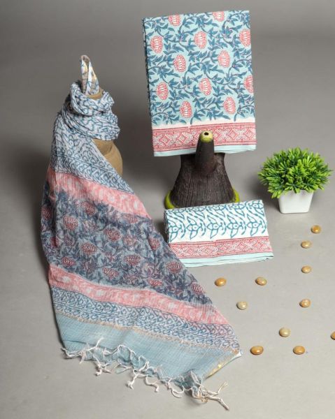 Sky Blue White Hand Block Printed Cotton Suit And Pant And Kota Dupatta