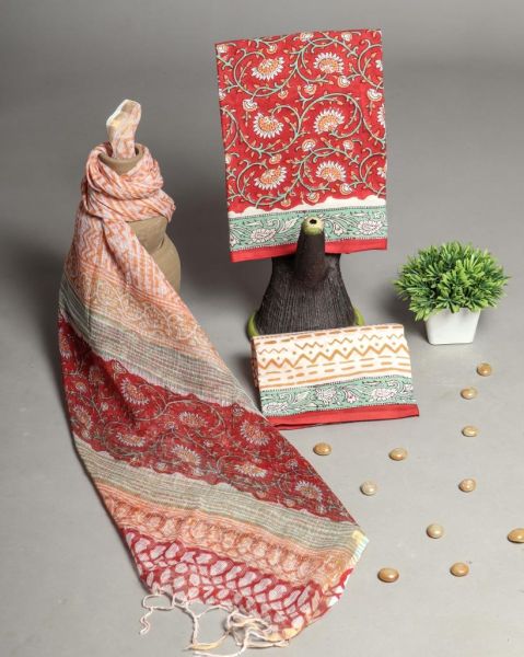 Red Peach Hand Block Printed Cotton Suit And Pant And Kota Dupatta