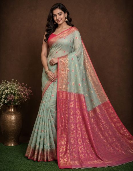 Mint green Pure Handloom Dhakai Jamdani Saree From Bengal
