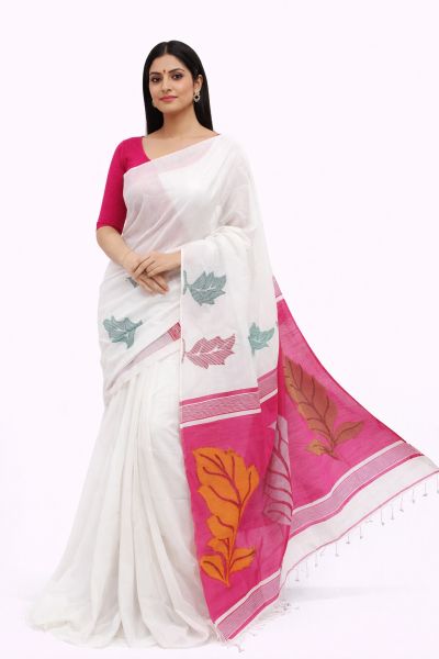 Elegant White Handloom Silk Cotton Saree with Pink Leaf Motif & Blouse