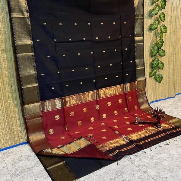 Black Maroon Buti Pure Handloom Silk Cotton Saree