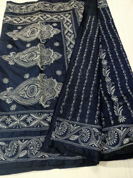 Black Katha stich Pure Handloom Silk Saree