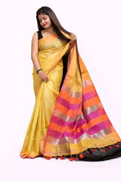 Mustard Yellow Pure Handloom Tissue Silk Cotton Saree From Bengal