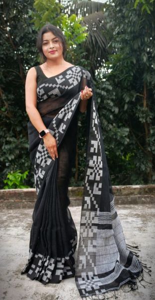 Black Plain Body Pure Handloom Linen Saree