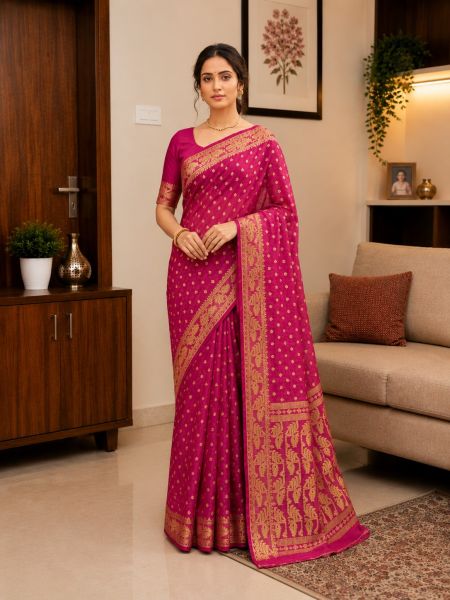 Rani Pink Pure Handloom Dhakai Jamdani Saree From Bengal