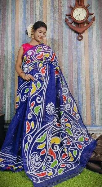 Royal Blue Hand Printed Pure Handloom Resham Kota Saree