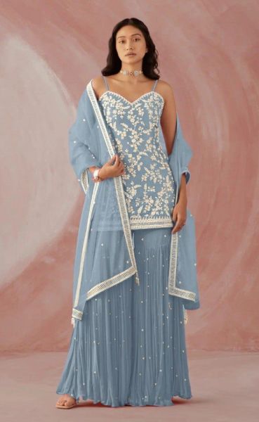 Sky Blue Fancy Plazzo Suits Georgette Embrodery Cotton Work With Net With Embroidery Dupatta