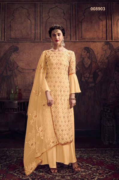 Yellow Gown Georgette With Swarovski Diamond Work Dupatta Net Stitch Work