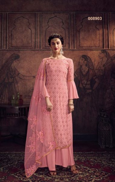 Pink Gown Georgette With Swarovski Diamond Work Dupatta Net Stitch Work