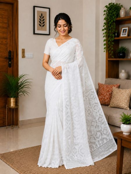 White Pure Handloom Dhakai Jamdani Saree From Bengal