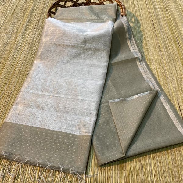 Ash Silver Zari Stripes Silk Cotton Handloom Saree From Bengal