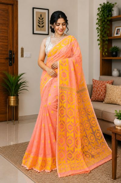 Pastel orange Pure Handloom Dhakai Jamdani Saree From Bengal