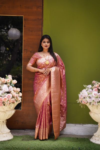 Rose Colour Katan Silk Body Butta Design Saree From Bengal