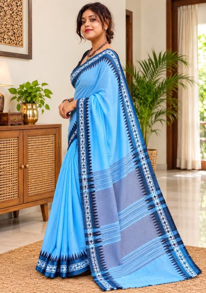 Blue Organic Pure Handloom Cotton Saree From Bengal
