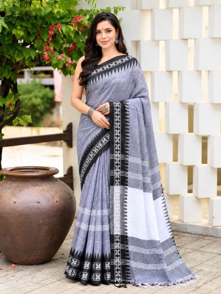 Gray Organic Pure Handloom Cotton Saree From Bengal