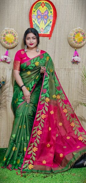 Green Pure Handloom Tissue Cotton Saree From Bengal